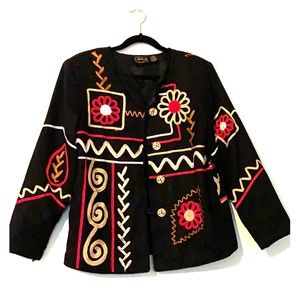 Vintage Allure Embroidered Blazer Black Red Tan